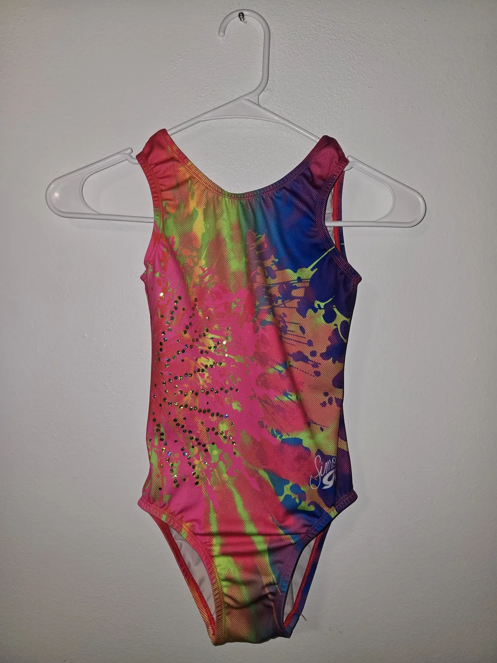 GK Elite Simone Biles Gymnastics Leotard Neon Rainbow Tie-Dye Child Large